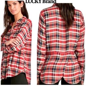 LUCKY BRAND plaid soft flannel shirt w/split back overlay RE $80 like new New XS
